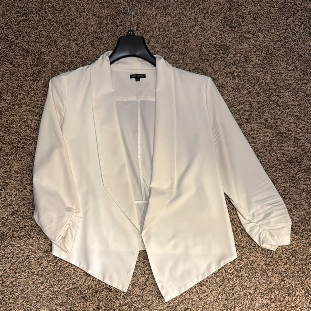 Michele White Blazer Asymmetrical Lapels Ruched Sleeves